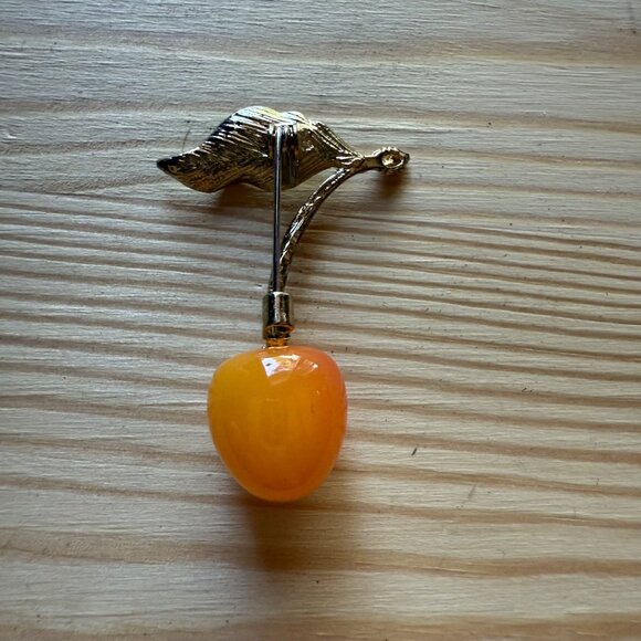 Gold-Tone Cherry Brooch With Orange Enamel Fruit & Green Leaf Pin Jewelry - Picture 3 of 3